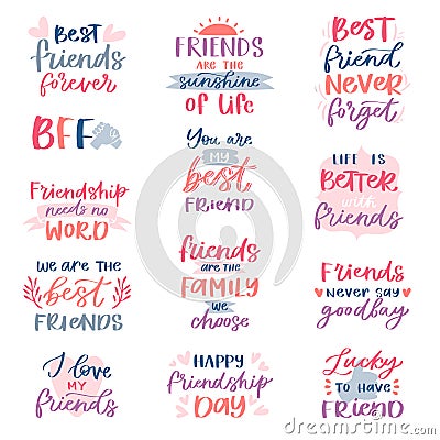 Friend lettering vector friendship card typography and friendly calligraphy logotype design with text sign illustration Vector Illustration