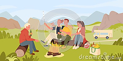 Friend people cook marshmallow on camp picnic in mountain landscape, sitting by fire Vector Illustration