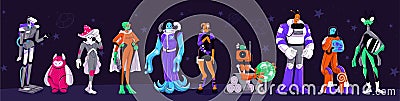 Friendly aliens and robots set. Universe and spase characters by UFO. Interplanetary astronauts, mars monsters Cartoon Illustration