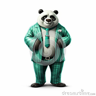 Friendly Anthropomorphic Panda In Green Turquoise Suit Stock Photo