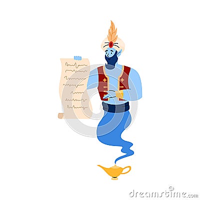 Friendly arabian genie pointing at list, cartoon vector illustration isolated. Vector Illustration