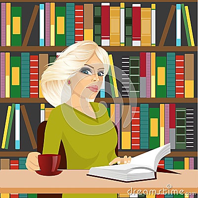 Friendly blonde student girl studying in library Vector Illustration