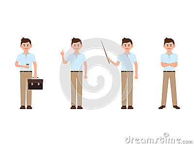 Friendly boy cartoon character. Vector illustration of casual look man in different poses. Vector Illustration