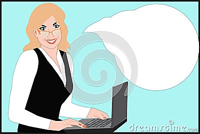 Friendly business woman at a computer Vector Illustration