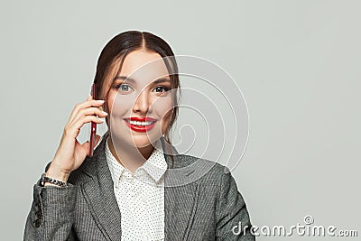 Friendly businesswoman phone on white background Stock Photo