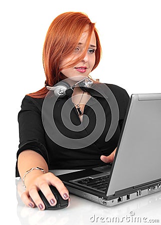 Friendly call center secretary consultant woman with headset telephone Stock Photo