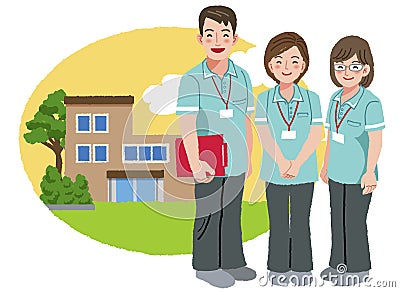 Friendly caregivers with retirement home Vector Illustration