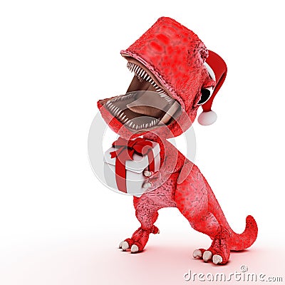 Friendly Cartoon Dinosaur with gift christmas box Stock Photo
