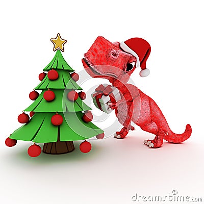 Friendly Cartoon Dinosaur with gift christmas tree Stock Photo