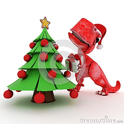 Friendly Cartoon Dinosaur with gift christmas tree Stock Photo