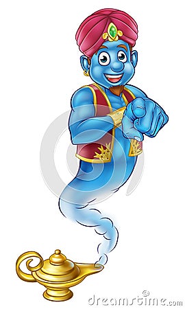 Friendly Cartoon Pointing Genie Vector Illustration