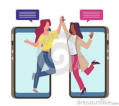 Friendly chat. Online messaging. Happy women with speech bubbles. Mobile communication application. Cheerful friends Vector Illustration