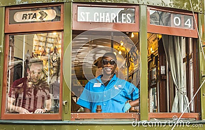 Friendly conductor in the old Street car St. Charles line Editorial Stock Photo