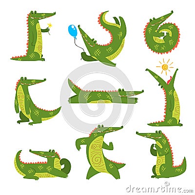 Friendly crocodile in different poses set, funny predator cartoon character vector Illustration on a white background Vector Illustration