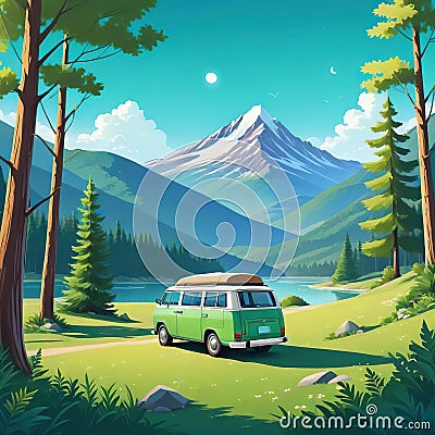friendly in cute minivan goes camping in the flat style image with elements Cartoon Illustration