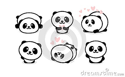 Friendly and cute pandas set. Chinese bear icons set. Cartoon panda logo template collection. Isolated vector Vector Illustration