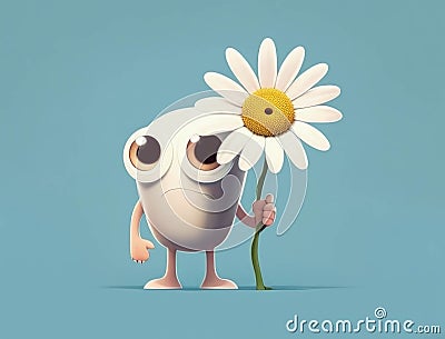 A friendly cyclops holding a daisy and waving to a group of kids. Cute creature. AI generation Stock Photo