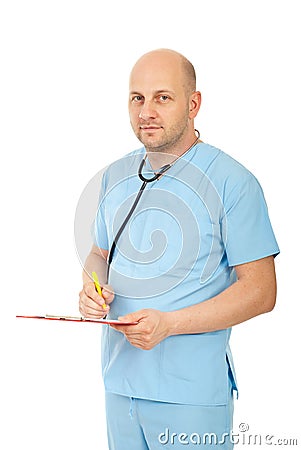 Friendly doctor writing clipboard Stock Photo