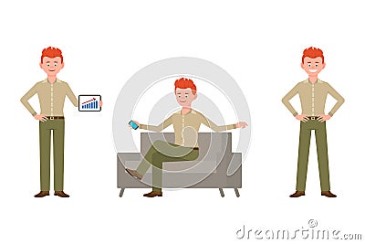 Friendly, elegant, red hair business adult man vector illustration. Standing with tablet, sitting on sofa with phone guy character Vector Illustration