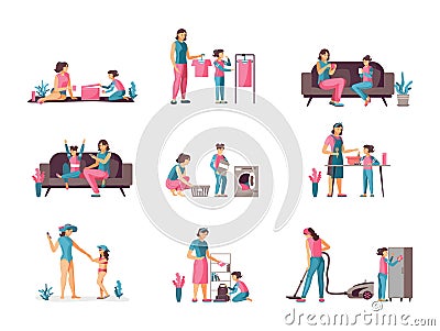 . Friendly family parenting, helping parents, relaxing, cleaning, cooking in kitchen Vector Illustration