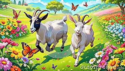 Friendly farm goat animal running playing flowers nature garden Cartoon Illustration