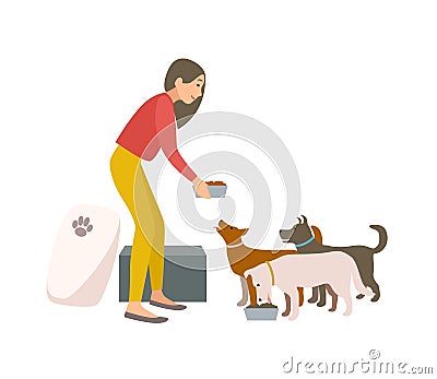 Friendly female volunteer feeding dogs in animal shelter or pound. Young woman giving food to homeless puppies isolated Vector Illustration