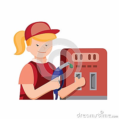 Friendly girl worker of gas station in flat illustration vector isolated in whtie background Vector Illustration