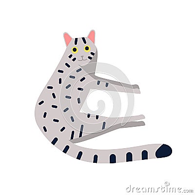 Friendly gray striped cat lying vector flat illustration. Cute cartoon animal relaxing isolated on white background Vector Illustration