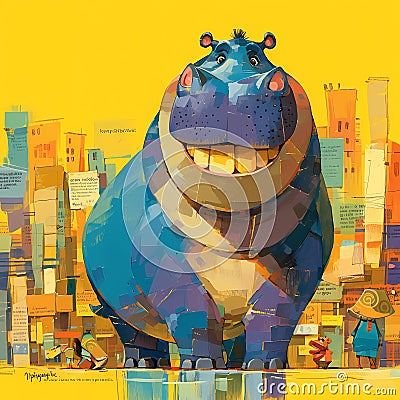 Friendly Hippo Smiling in City Cartoon Illustration