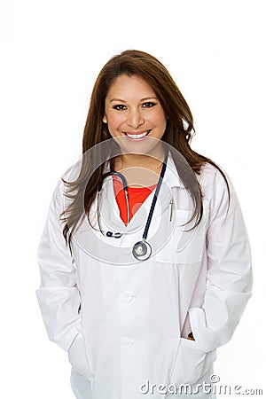 Friendly Hispanic doctor smiling. Stock Photo