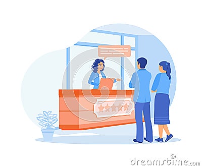 Friendly hotel service. The receptionist serves tourists in a friendly manner. Vector Illustration