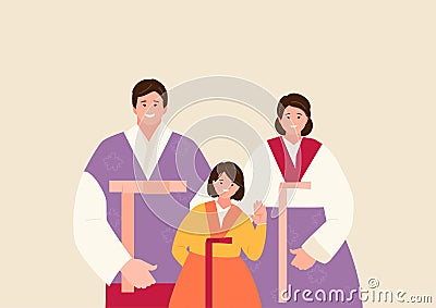 Friendly Korean family in traditional hanbok clothes chuseok celebration Vector Illustration