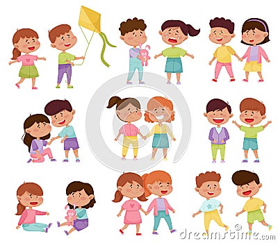 Friendly Little Kids Holding Hands and Cheering Up Each Other Vector Illustrations Set Vector Illustration