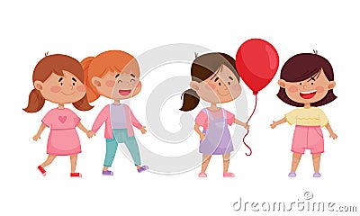 Friendly Little Kids Holding Hands and Sharing Toy Balloon Vector Set Vector Illustration