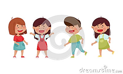 Friendly Little Kids Laughing Out Loud and Running Vector Set Vector Illustration