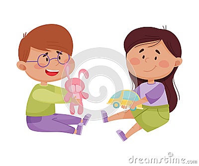 Friendly Little Kids Playing and Sharing Toys with Each Other Vector Illustration Vector Illustration