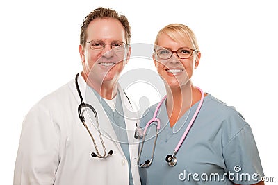 Friendly Male and Female Doctors on White Stock Photo