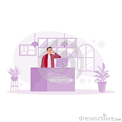 A friendly male receptionist receives a telephone call at the work desk. Hotel Receptionist concept. Vector Illustration