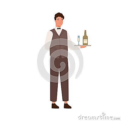 Friendly male waiter holding tray with bocal and bottle of champagne vector flat illustration. Smiling restaurant staff Vector Illustration