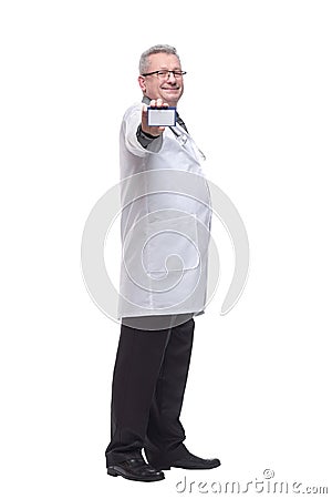 Friendly medical doctor with blank mediical ID`s card Stock Photo