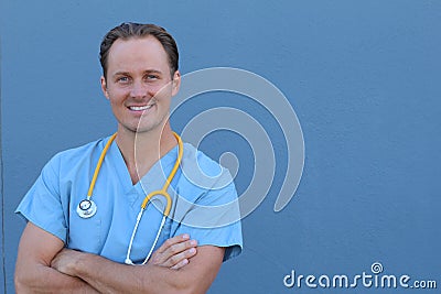 Friendly medical male doctor smiling crossing his arms with copy space Stock Photo