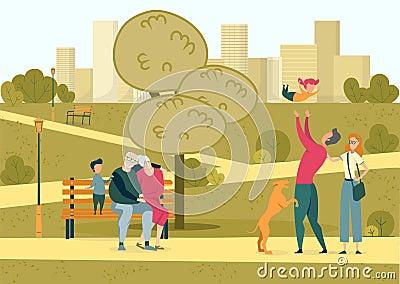 Friendly Meeting Relative in Beutiful City Park. Vector Illustration