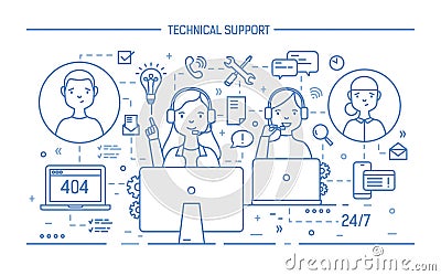 Friendly men and women wearing headphones with mics sitting at computers and answering questions. 24 hour call center Vector Illustration