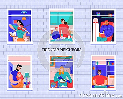 Friendly Neighbors Windows Illustration Vector Illustration