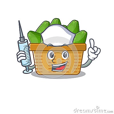 Friendly nurse of avocado fruit basket mascot design holding syringe Vector Illustration