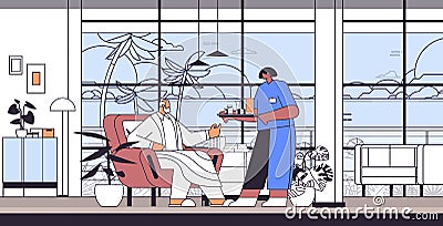 friendly nurse or volunteer bringing pills to elderly man patient home care services healthcare and social support Vector Illustration