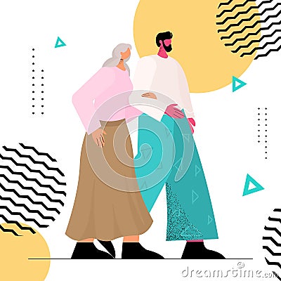 friendly nurse or volunteer supporting elderly woman young man walking with grandmother Vector Illustration