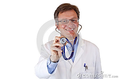 Friendly older male doctor holding stehoscope Stock Photo
