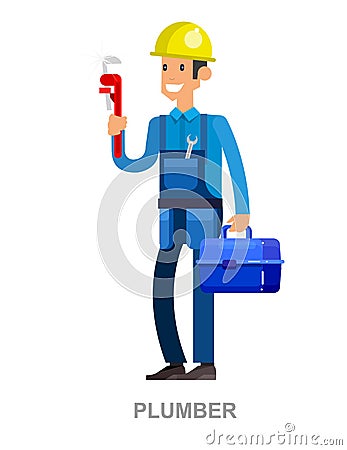 Friendly plumber, he is dressed in work clothes and carrying a tool Vector Illustration