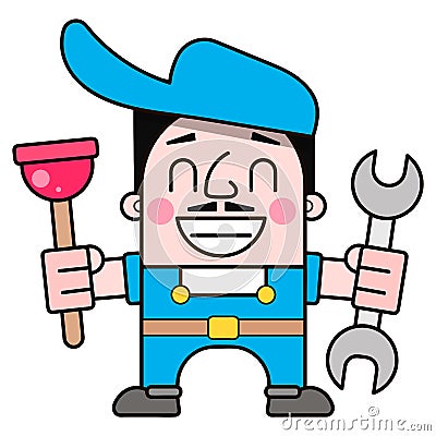 Friendly Plumber, He Is Dressed In Work Clothes And Carrying A Tool Vector Vector Illustration